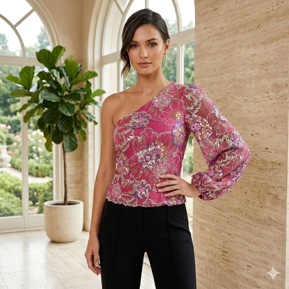 Boston Proper Sequin Multicolor Floral Mesh One Shoulder Top M Glam Maximalist